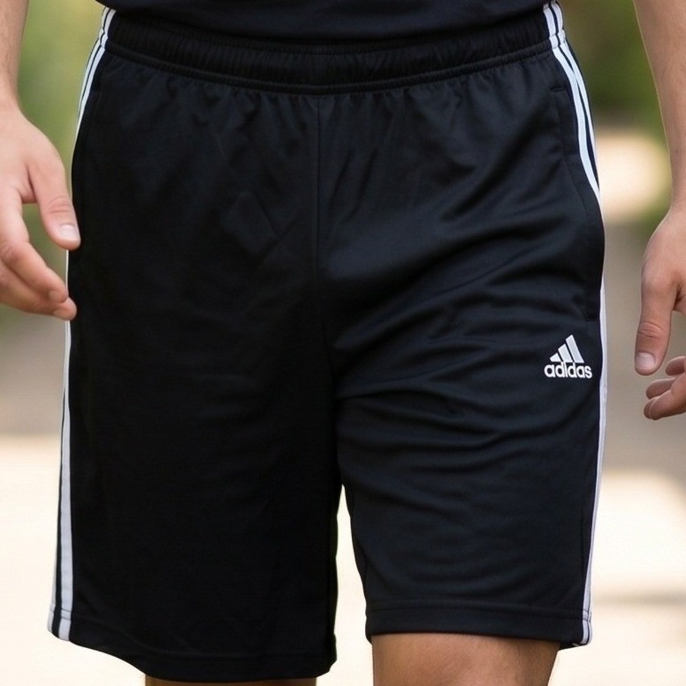 Adidas Mens Black White Three Stripe Athletic Shorts‎ Zipper Pockets S